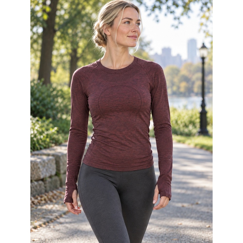 Lululemon Swiftly Tech Long Sleeve Crew Heathered Dark Red Burgundy Size 6